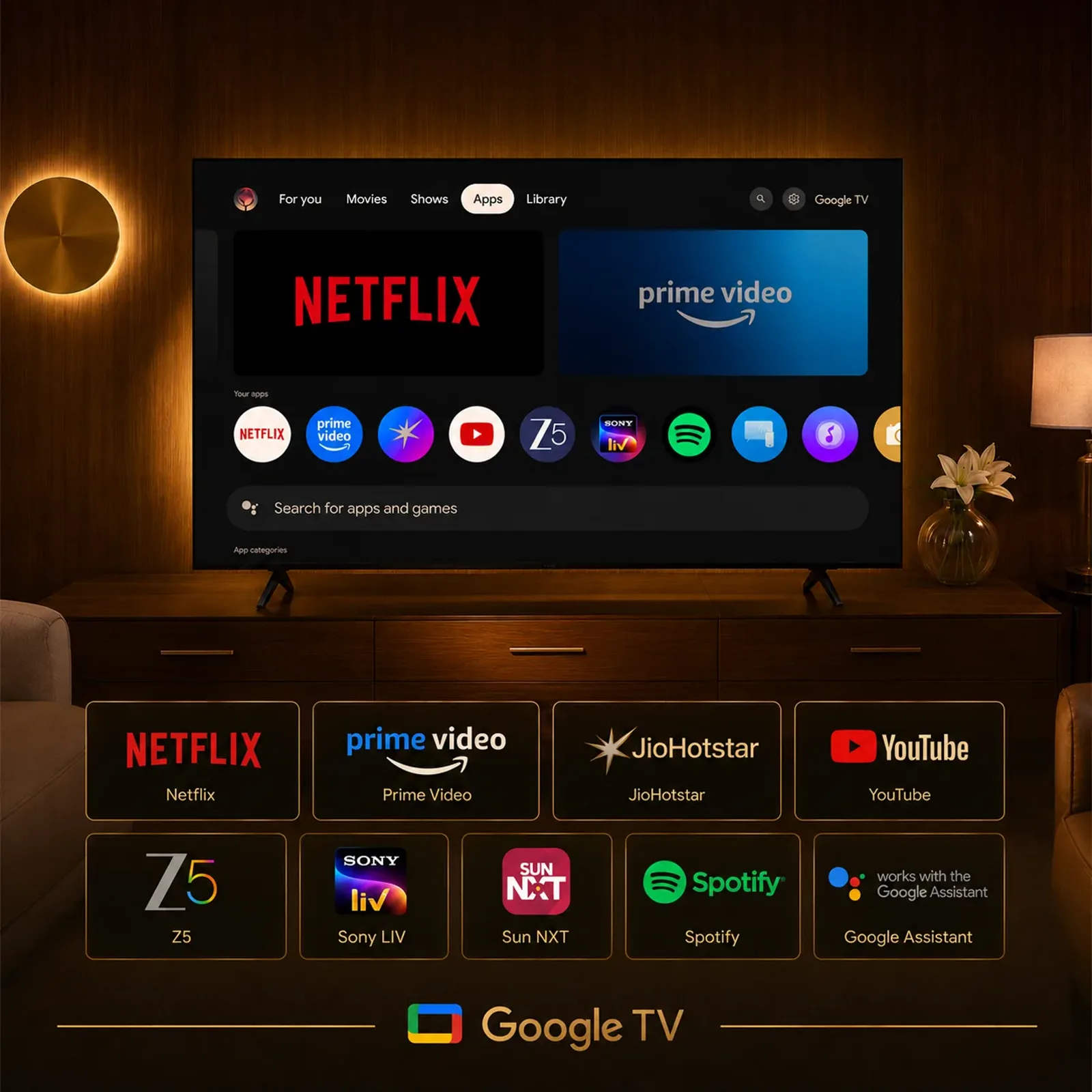 Google TV interface on Vu Glo MiniLED TV with Netflix Prime Video YouTube and streaming apps